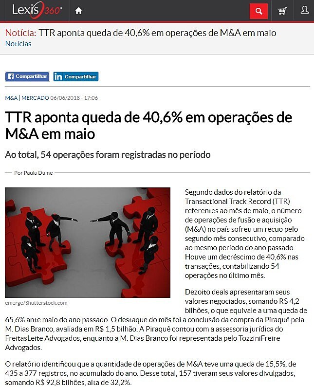 TTR aponta queda de 40,6% em operaes de M&A em maio